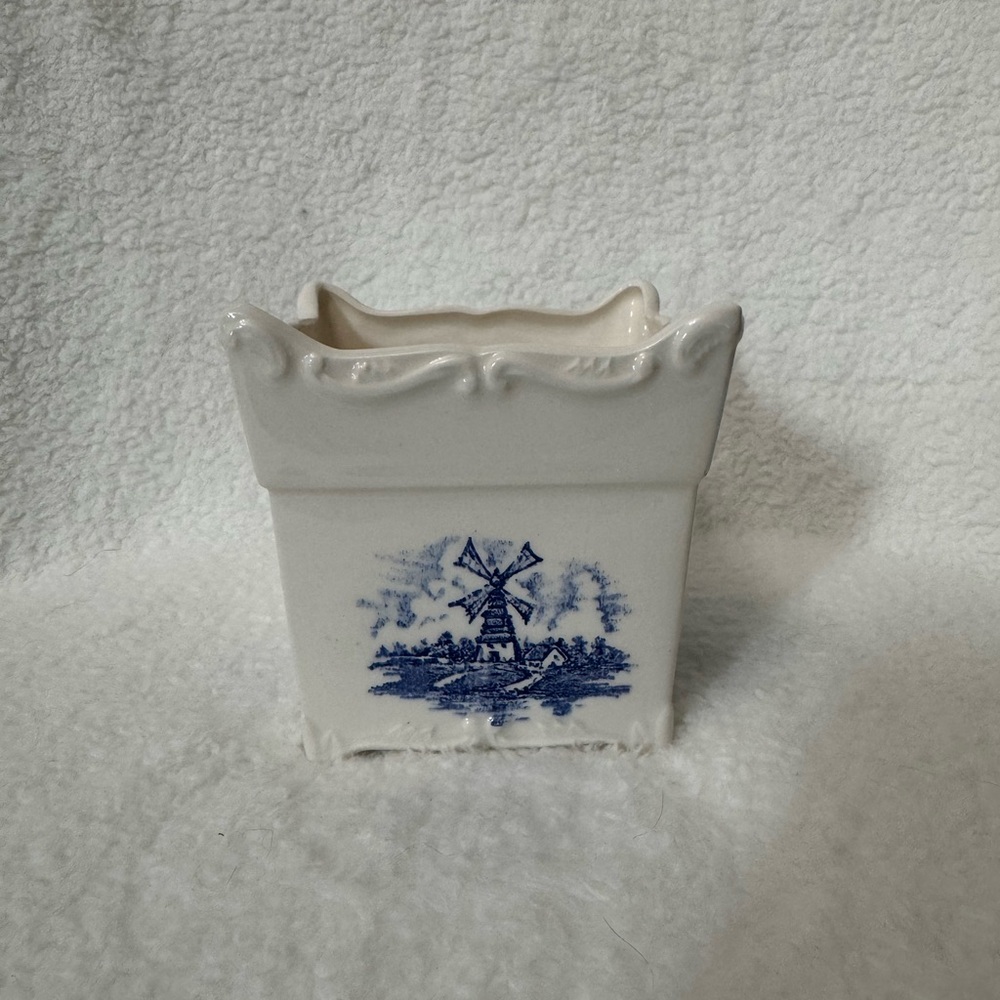 White Ceramic Planter with Blue Windmill Design